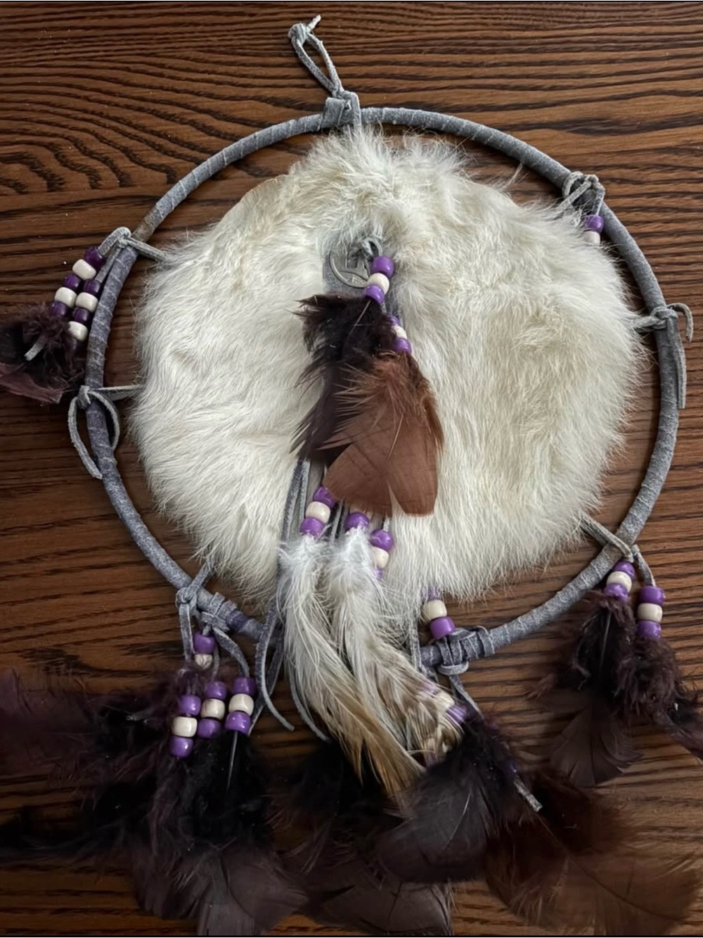 Handmade Faux Fur Dreamcatcher with Feathers and Purple Beads